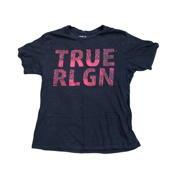 TRUE Religion T Shirt Chain Fashion Large Black BIG LOGO - Picture 1 of 5
